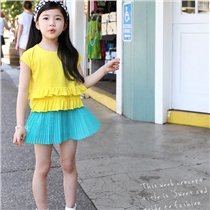 童煌星2015夏季新品 女童套裙儿童韩版纯色短袖薄款T恤百褶裙两件套装